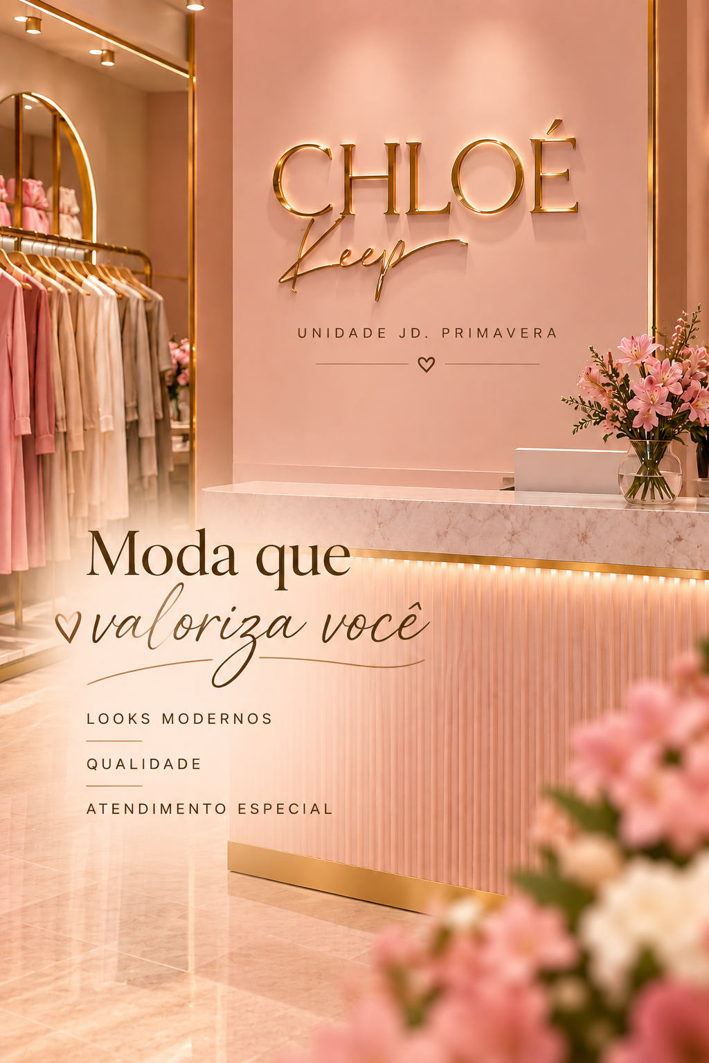Interior da boutique Chloé Keep na unidade Jardim Primavera, com letreiro dourado e flores